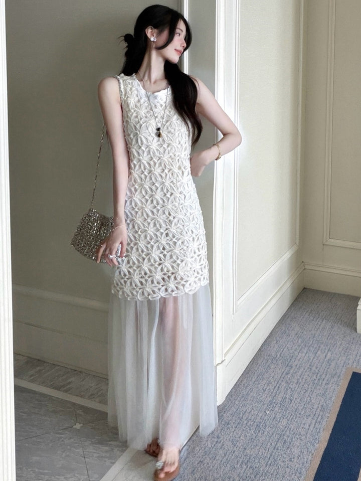 【dress】ノースリーブチュールドッキングロングワンピース Q8674