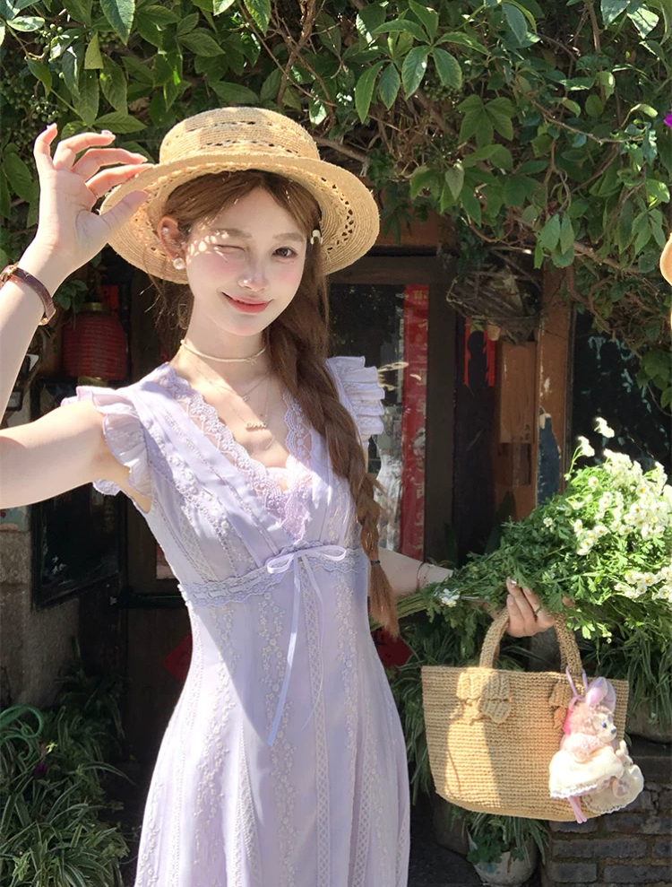 【dress】レースドッキングフラッタースリーブロングワンピース Q8531