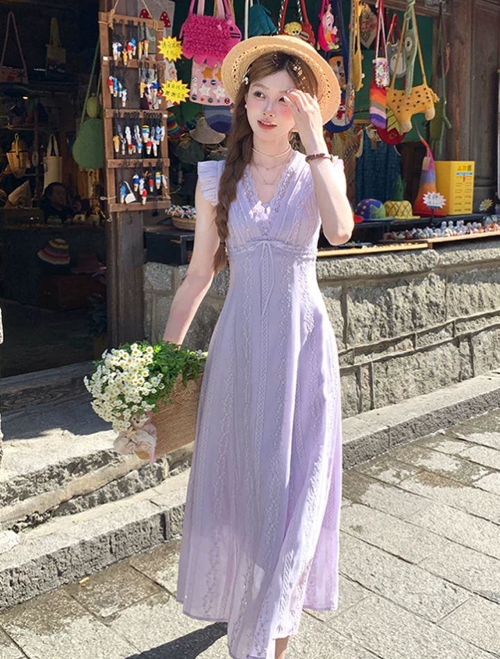 【dress】レースドッキングフラッタースリーブロングワンピース Q8531