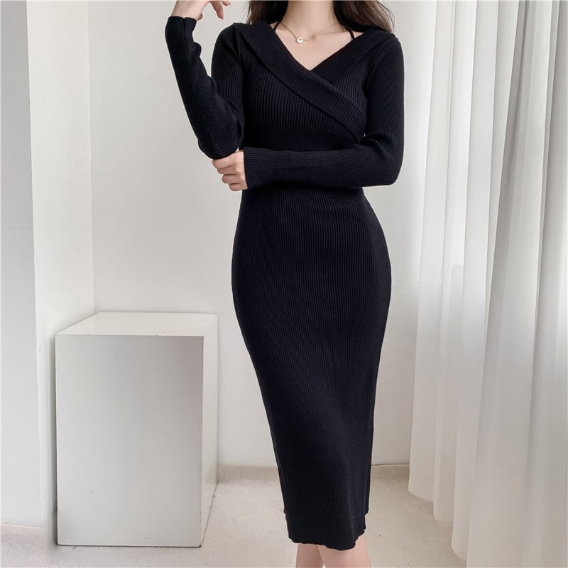 【dress】おしゃれ大人気Vネック無地ニットワンピース　M17566