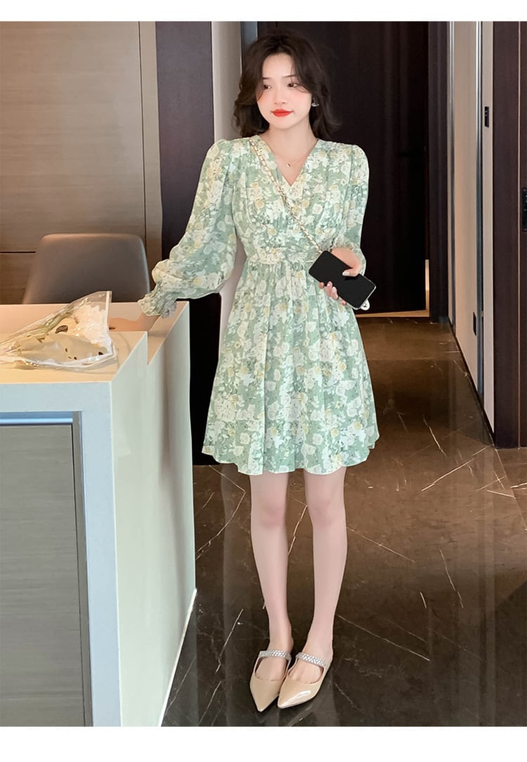 【dress】おしゃれ大人気Vネックスウィート花柄ワンピース　M17244
