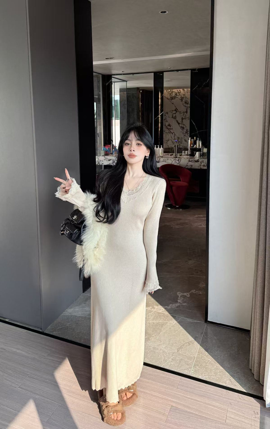 【dress】レースドッキングニットワンピース  K0677