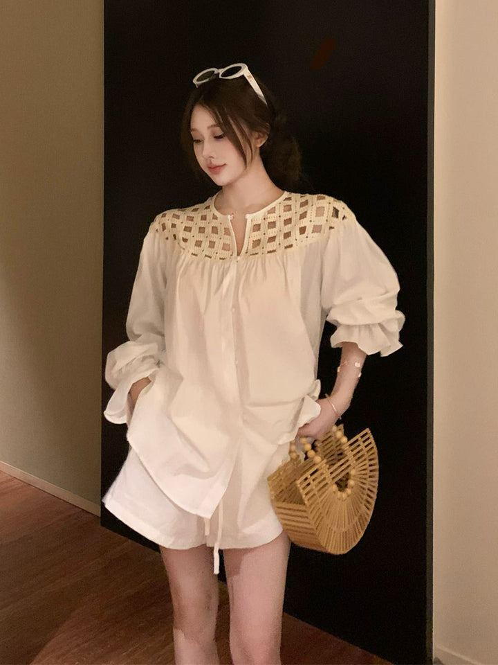 【set】透かし編みドッキングトップス×ショートパンツセット Q8638