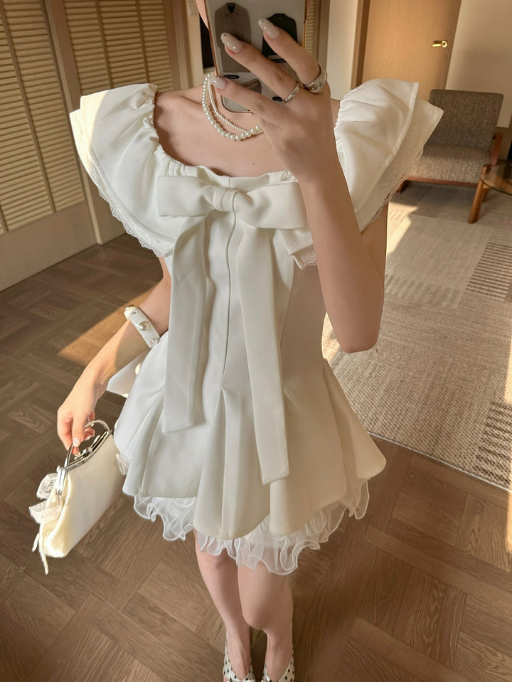 【dress】リボン付きレースドッキングミニワンピース Q8692