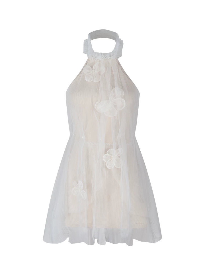 【dress】立体感フラワー付きチュールミニワンピース Q8556