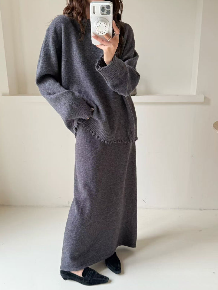 【set】5色展開ニットトップス×ロングスカートセット Q9166