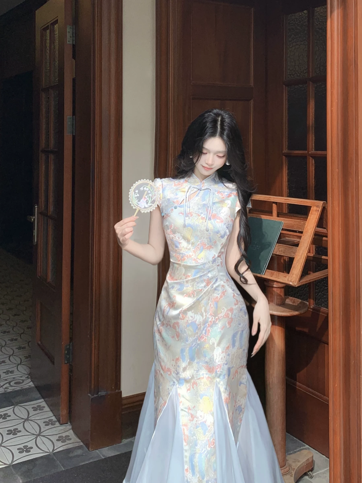 【dress】半袖サテンドッキングロングワンピース Q8542