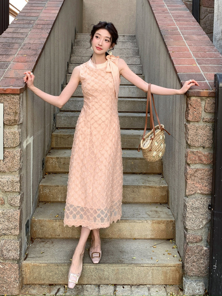 【dress】ノースリーブリボン付きロングワンピース Q8679