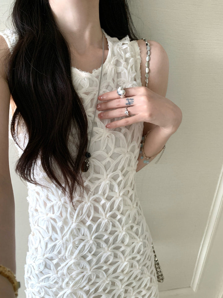【dress】ノースリーブチュールドッキングロングワンピース Q8674