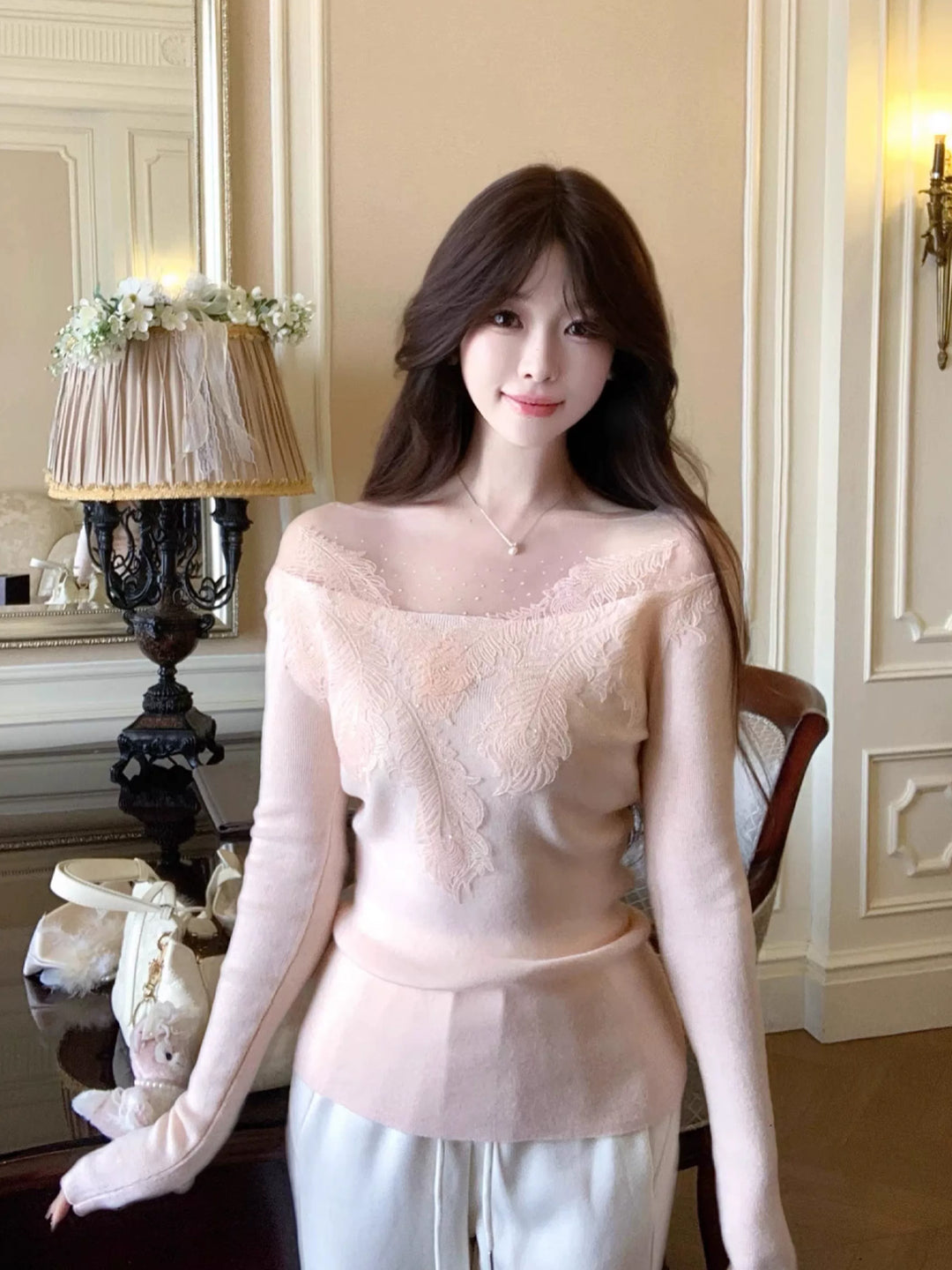 【tops】レースドッキングニットトップス Q9083