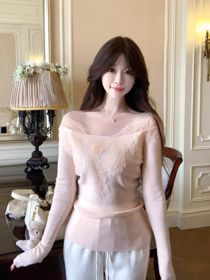 【tops】レースドッキングニットトップス Q9083