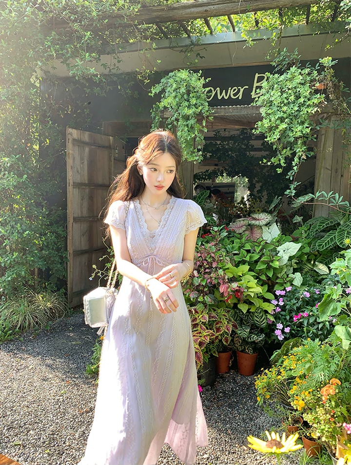 【dress】レースドッキングロングワンピース Q8532