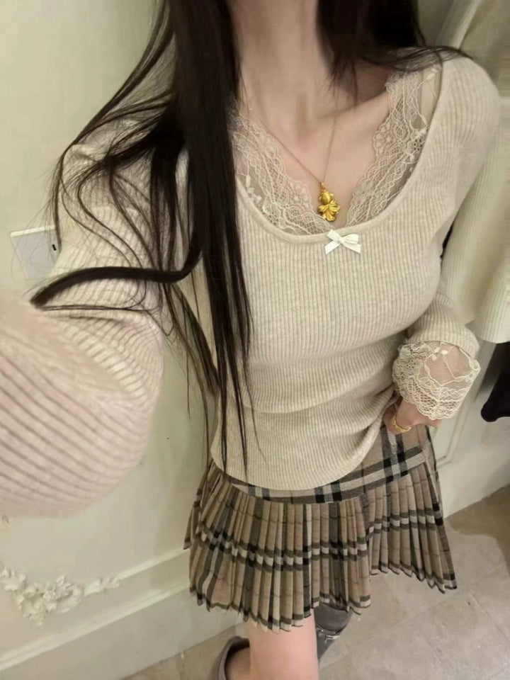 【tops】レースドッキングニットトップス Q9343