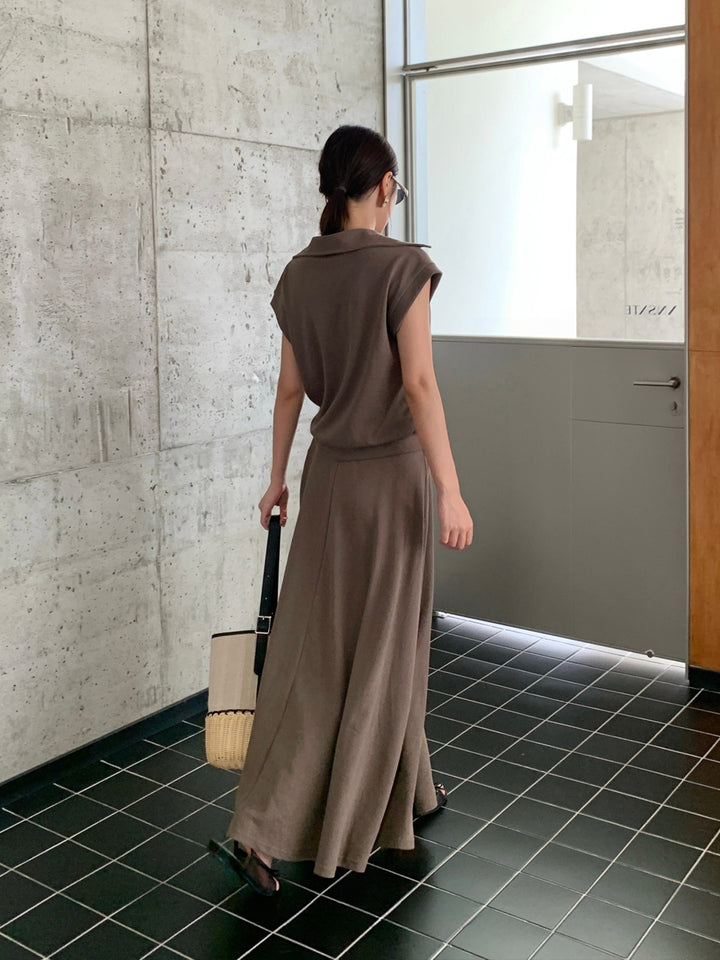 【set】フェイクレイヤードトップス×ロングスカートセット Q8660