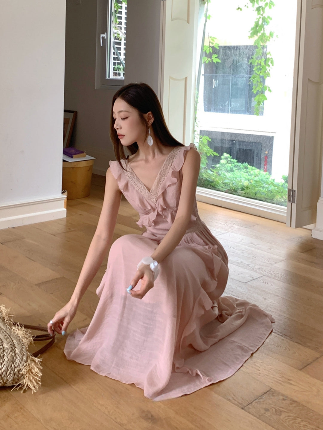 【dress】ノースリーブレースドッキングロングワンピース Q8657