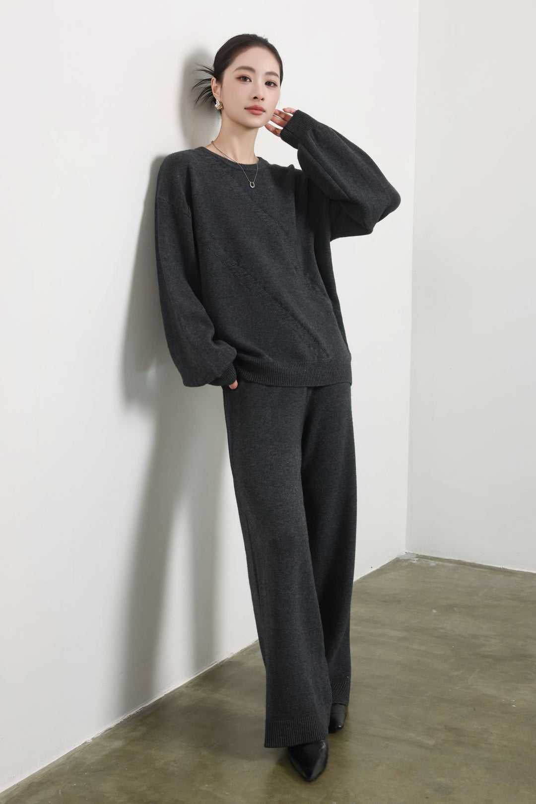 【set】5色展開ニットトップス×ワイドパンツセット Q9172