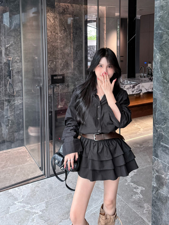 【dress】ベルト付きティアードシャツワンピース Q9045