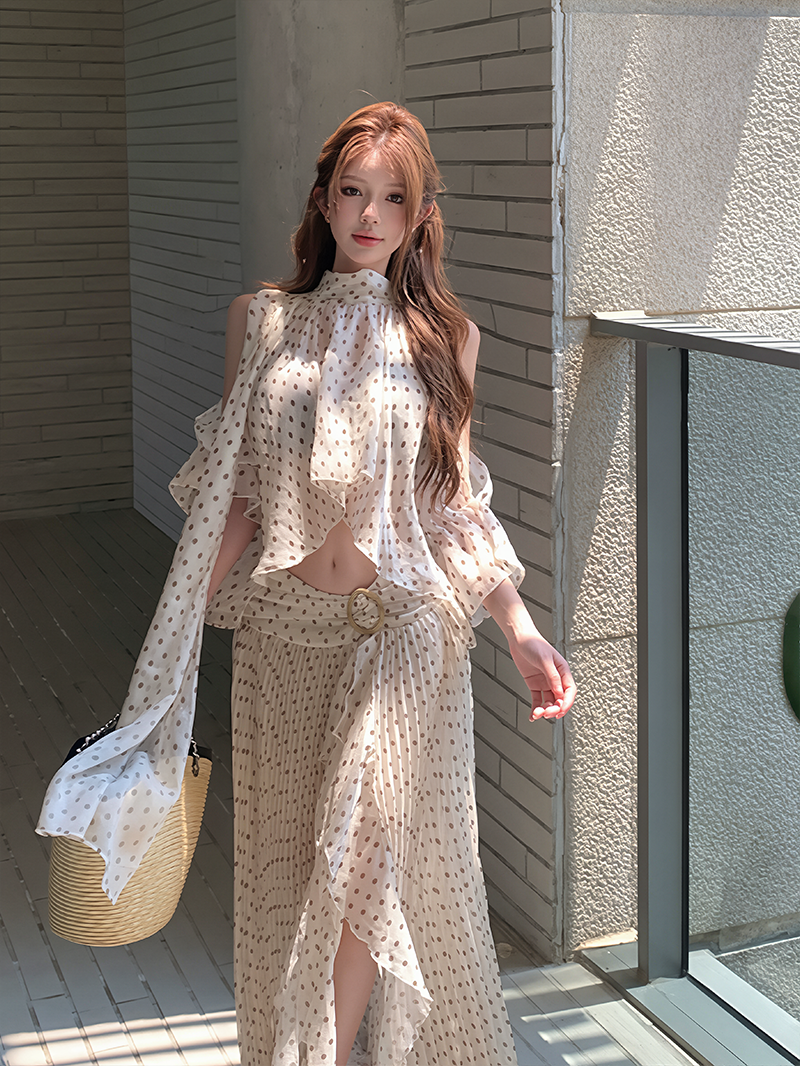 【set】ドット柄シャツ×ロングスカートセット Q8598