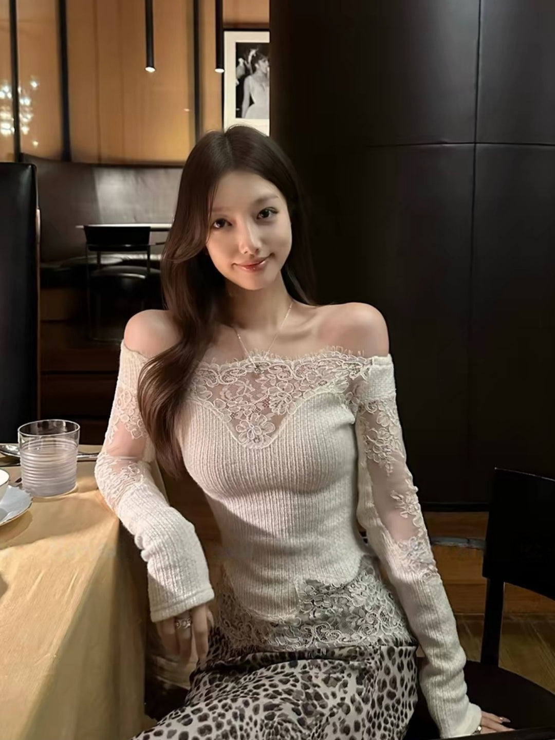 【tops】レースドッキングオフショルダーニットトップス Q9320