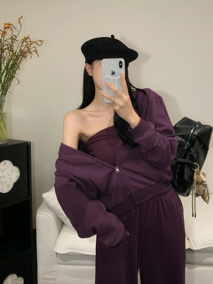 【set】ジップアップパーカー×チューブトップス×ワイドパンツ3点セット Q9015