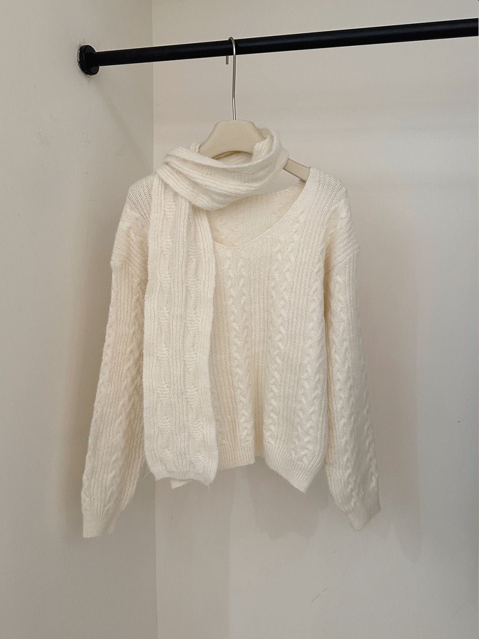 【tops】マフラー付きニットトップス Q9239