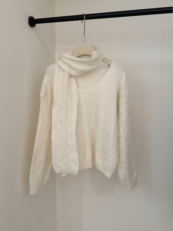【tops】マフラー付きニットトップス Q9239