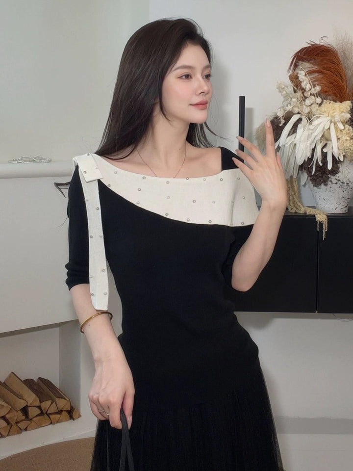 【tops】ラインストーン付きロールカラーニットトップス Q9076