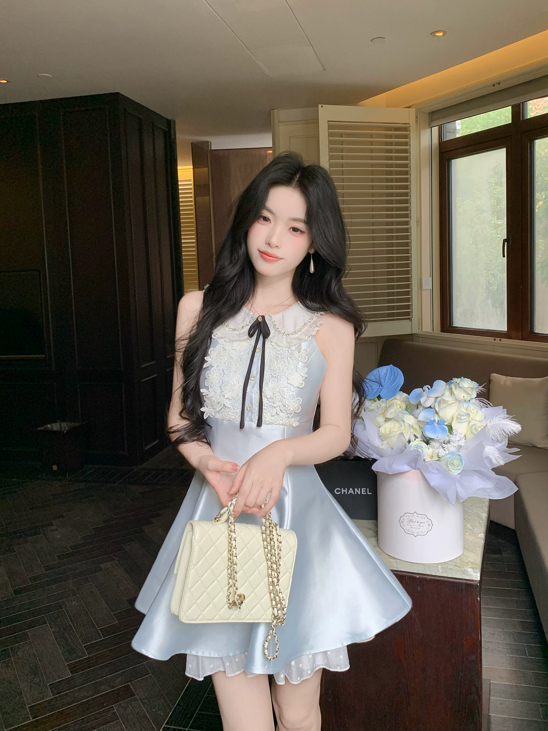【dress】レースドッキングピーターパンカラーミニワンピース Q8549