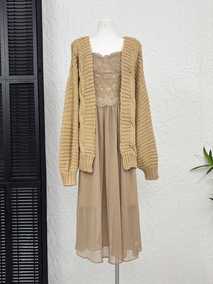 【set】レースドッキングロングキャミワンピース×ニットカーディガンセット Q9295