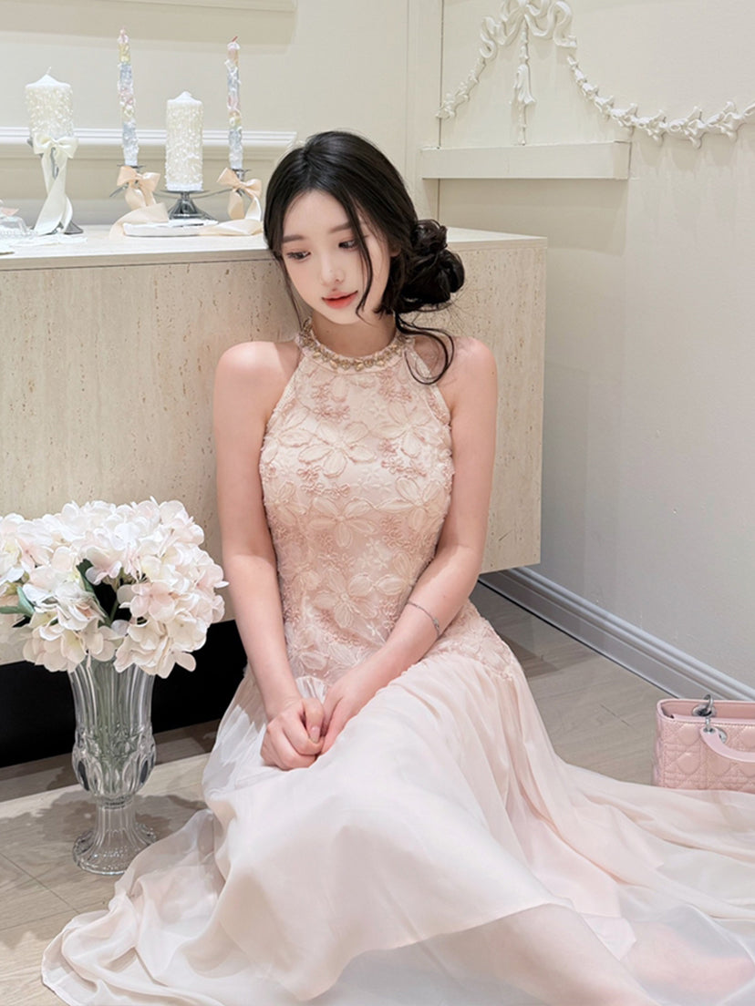 【dress】ノースリーブレースドッキングロングワンピース Q8685