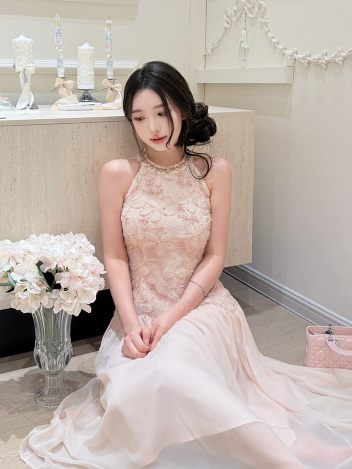 【dress】ノースリーブレースドッキングロングワンピース Q8685