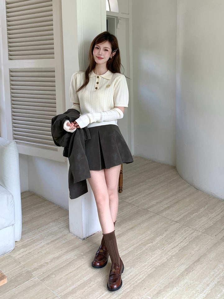 【tops】アームカバー付きニットポロシャツ Q8949