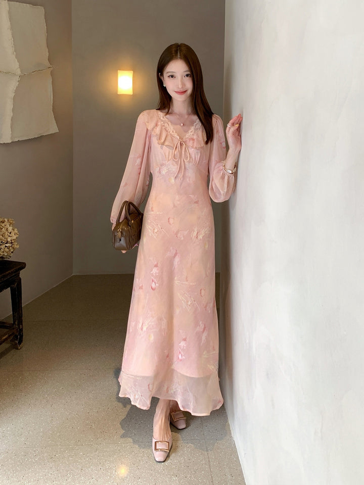 【dress】フラワー柄レースドッキングロングワンピース Q8998