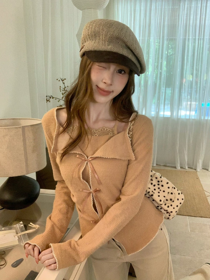 【tops】リボン付きフェイクレイヤードトップス Q9292