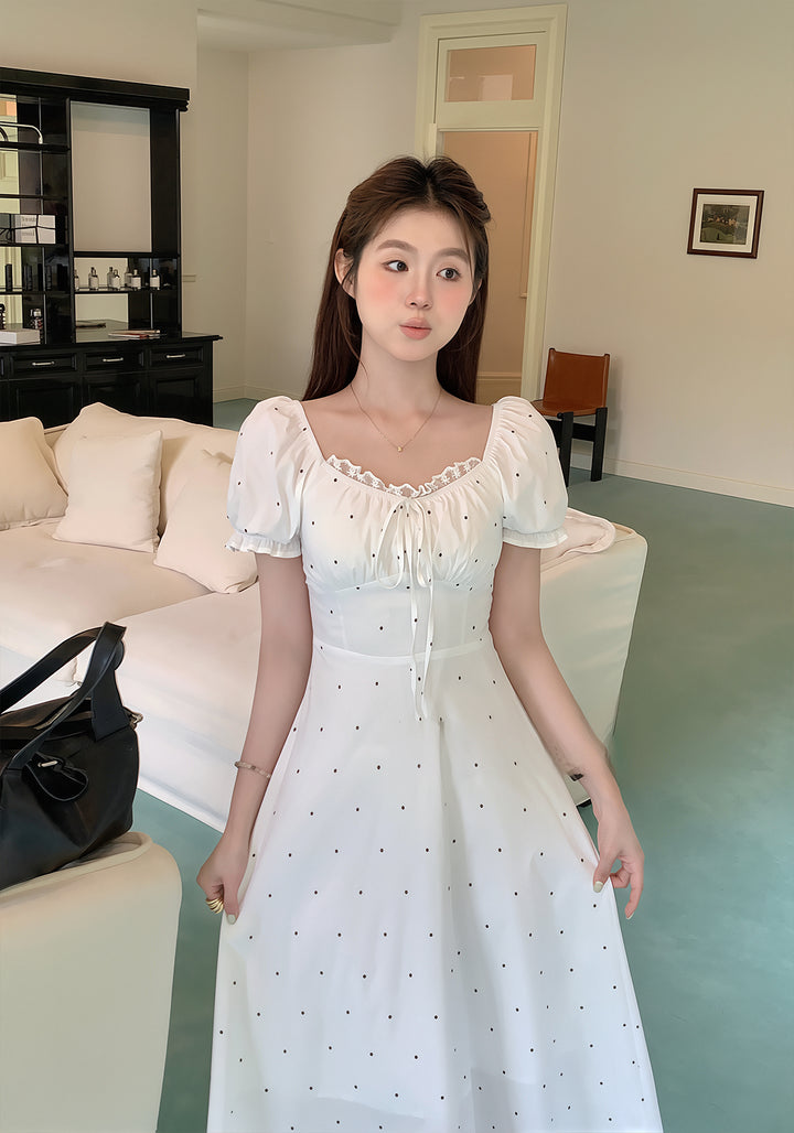 【dress】ドット柄レースドッキングロングワンピース Q8754