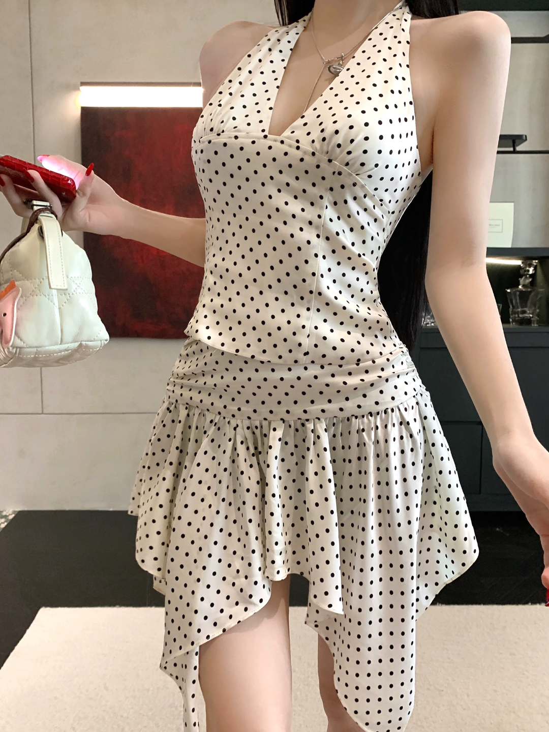 【set】ドット柄ホルターネックトップス×イレヘムスカートセット Q8615