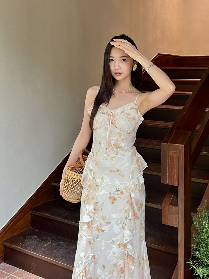 【dress】フラワー柄ギャザーフリルロングキャミワンピース Q8668