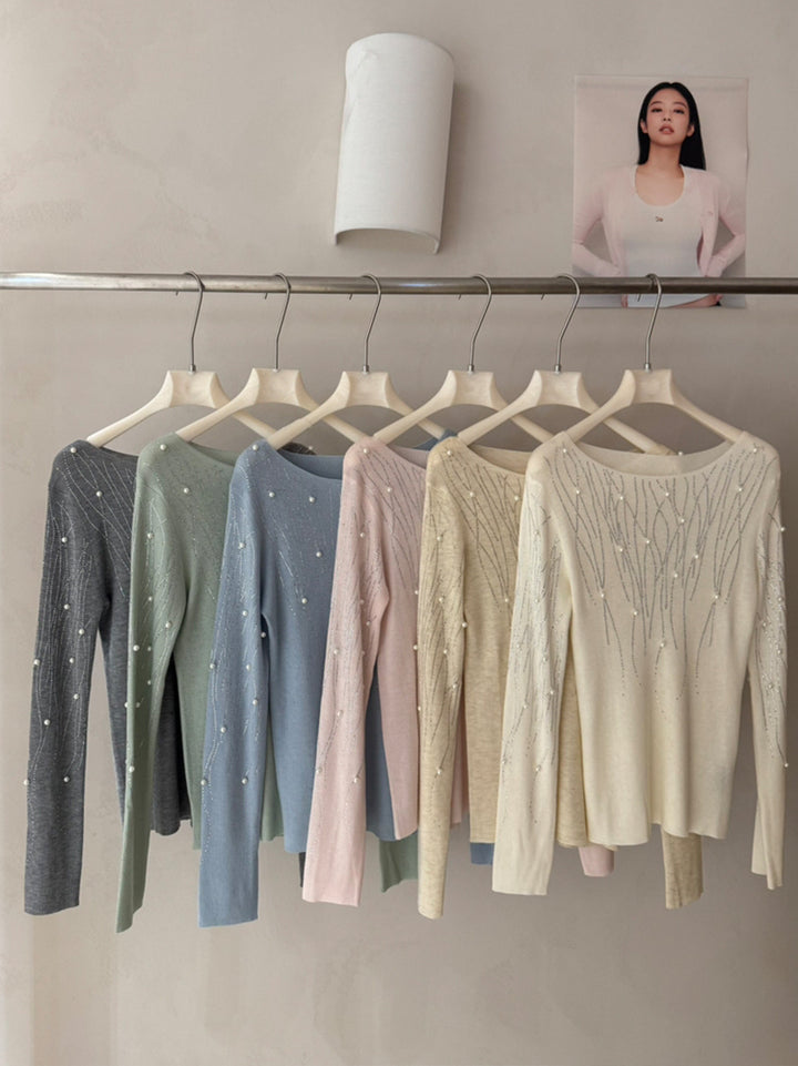 【tops】パール付きニットトップス Q9134