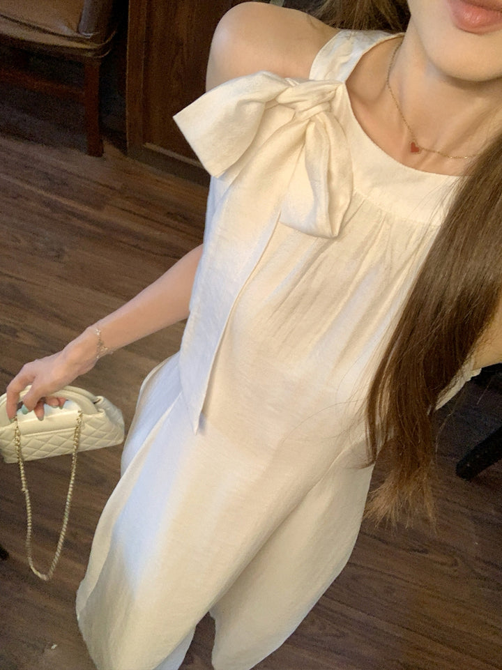 【dress】ノースリーブリボン付きロングワンピース Q8663