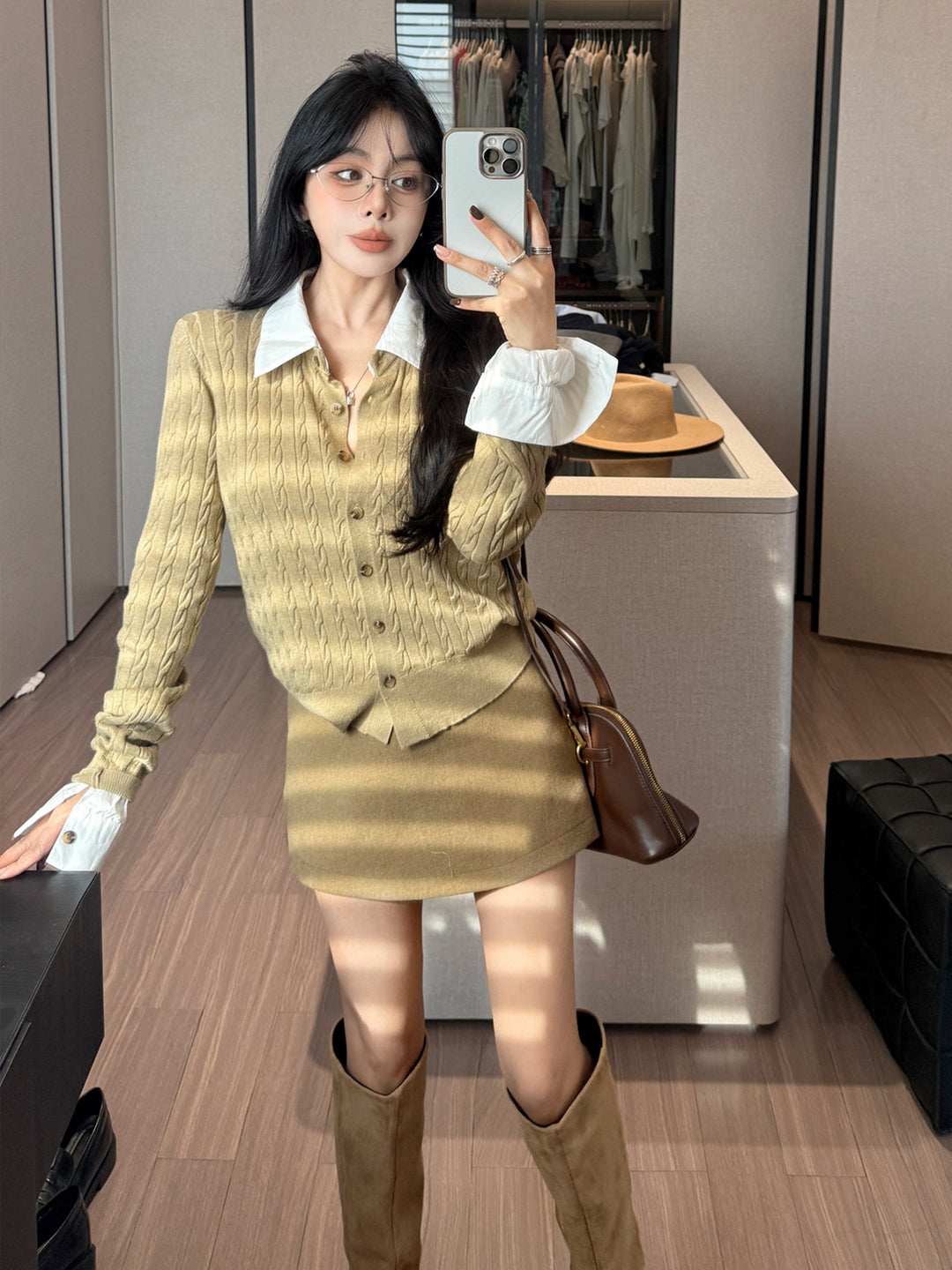 【tops】シャツネックフェイクレイヤードニットトップス Q9186