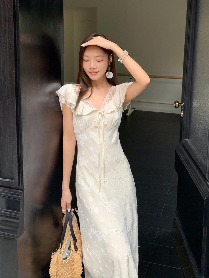 【dress】レースドッキングフラッタースリーブワンピース Q8658