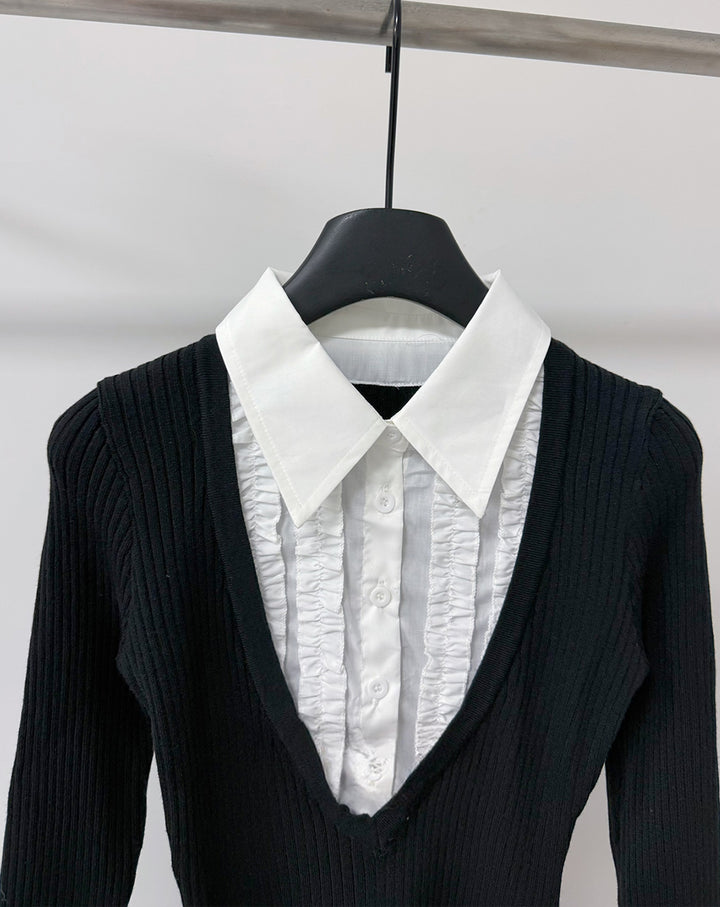 【dress】ニットドッキングフェイクレイヤードワンピース Q8994