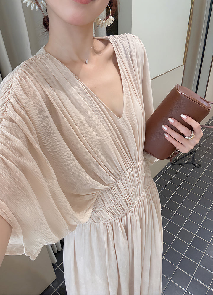 【dress】Vネックギャザーロングワンピース Q8756