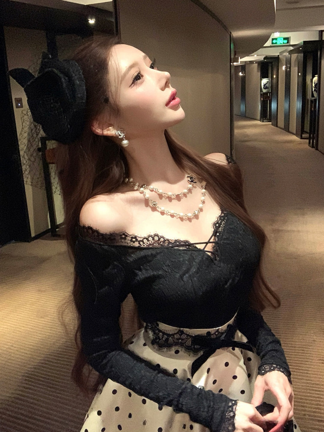 【set】レースドッキングトップス×ドット柄ミニスカートセット Q9278