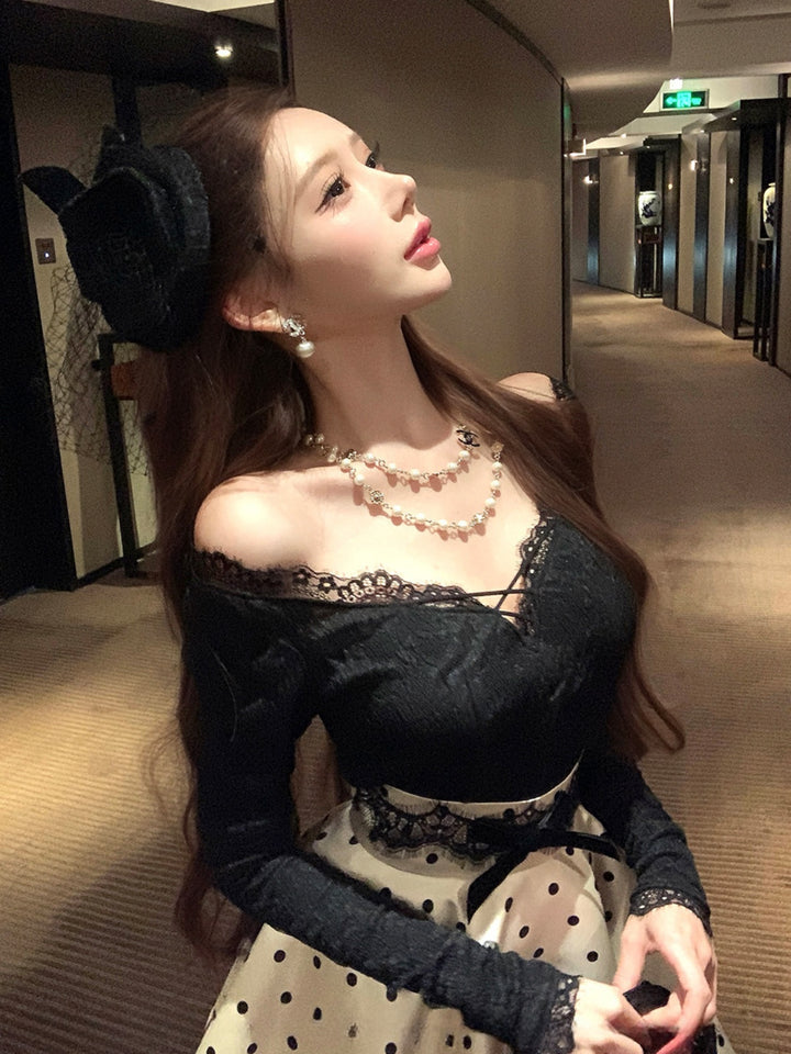 【set】レースドッキングトップス×ドット柄ミニスカートセット Q9278