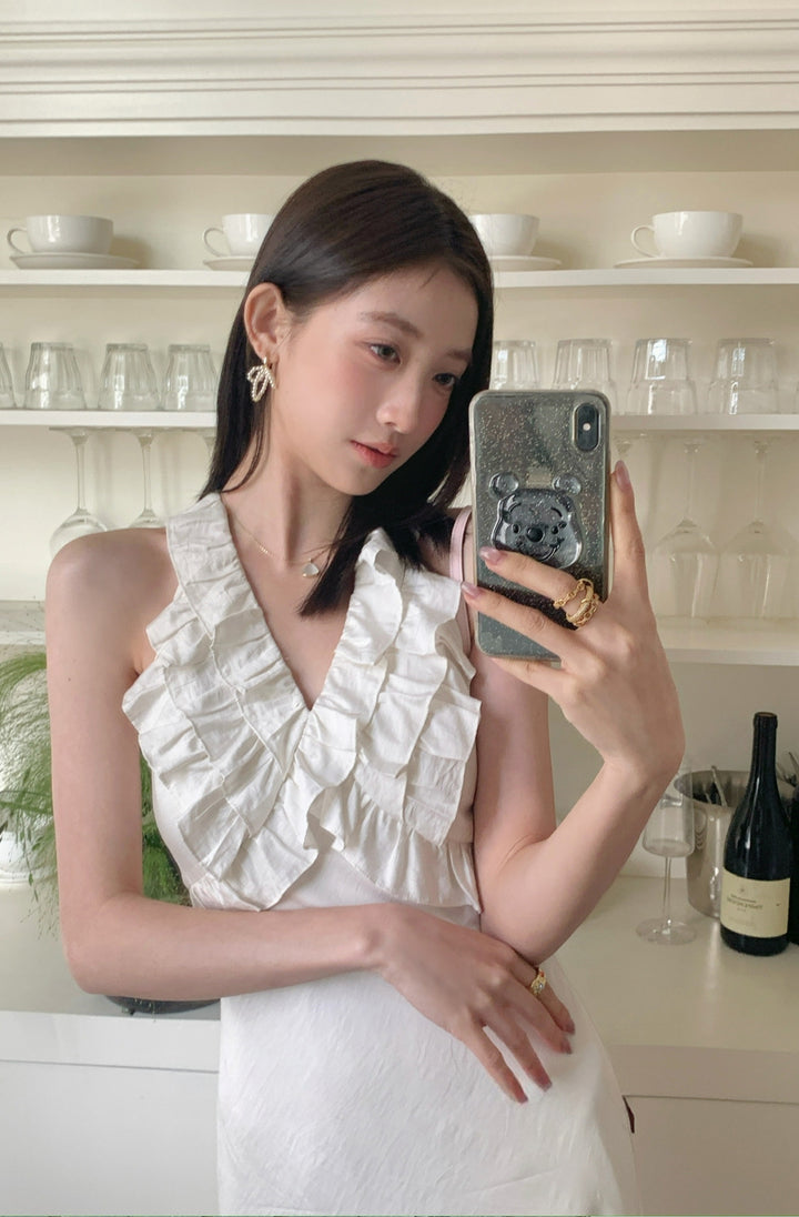 【dress】ノースリーブVネックギャザーフリルワンピース Q8678