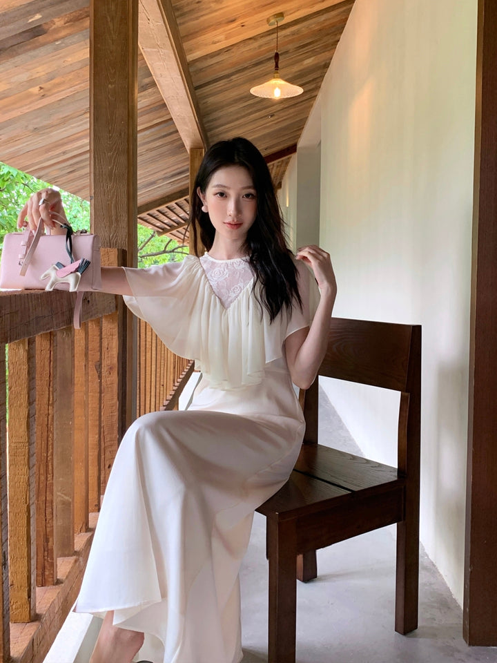 【dress】レースドッキングハンカチーフスリーブロングワンピース Q8675