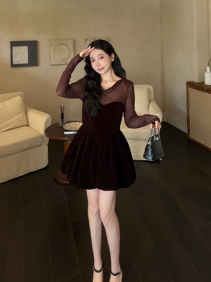 【dress】シアーチュールドッキングバルーンワンピース Q9090