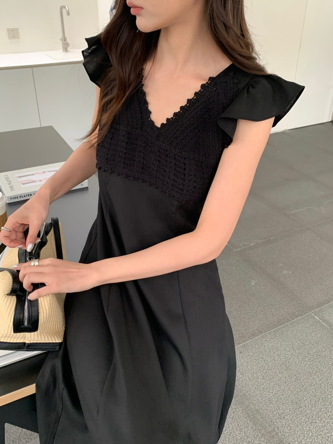 【dress】レースドッキングフラッタースリーブワンピース Q8672