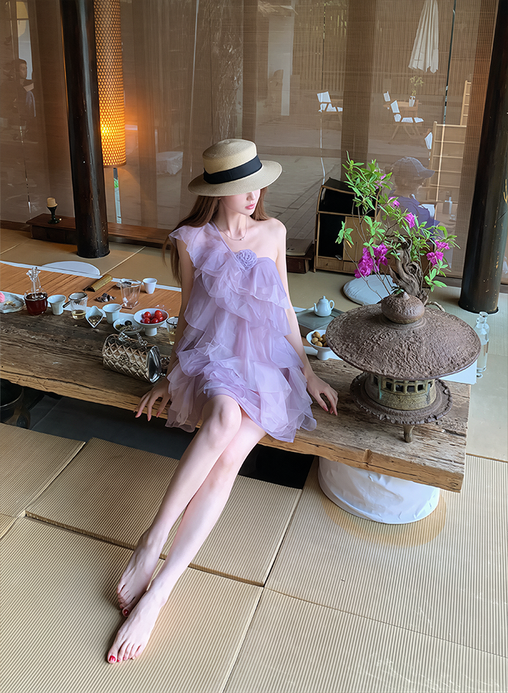 【dress】ワンショルダーチュールティアードワンピース Q8603